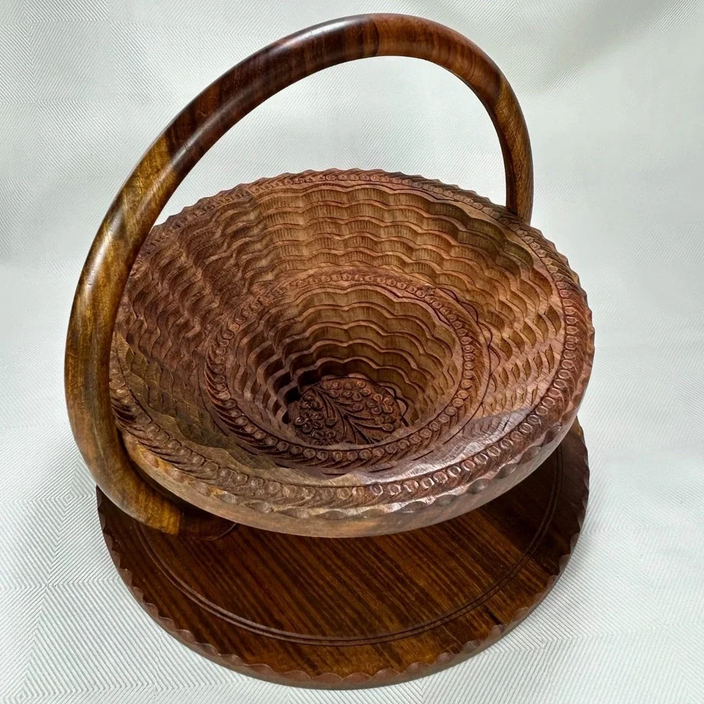 Vintage Collapsible Hand Carved Wooden Centerpiece, Basket, Rosewood Trivet